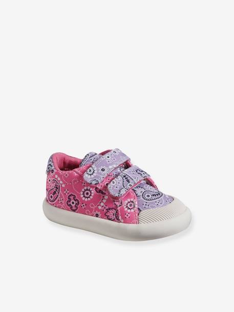 Mädchen Baby Stoffschuhe, Klett rosa bedruckt+violett bedruckt+weiß 6