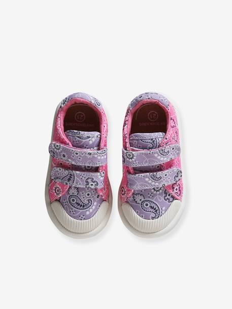 Mädchen Baby Stoffschuhe, Klett - rosa bedruckt+violett bedruckt+weiß - 9