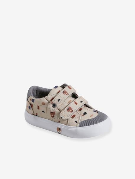 Baby Stoffsneakers mit Klettriemchen beige bedruckt+hellblau 3