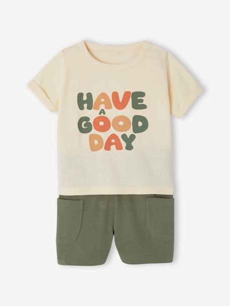 Baby-Set: T-Shirt & Shorts Oeko-Tex - khaki+weiß - 1