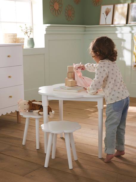 Kinderzimmer-Set: Spieltisch & 2 Hocker, Blumenform wollweiß 3