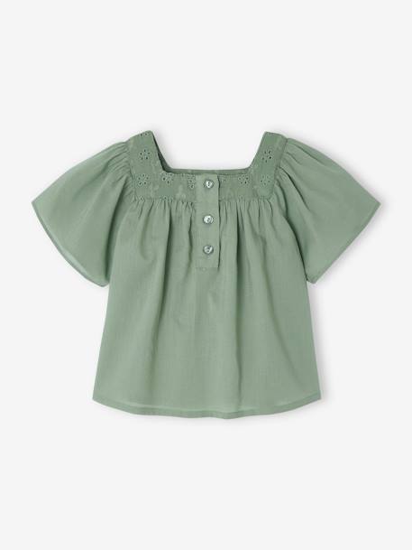 Baby Bluse mit Lochstickerei - himbeer+salbeigrün+wollweiß - 6