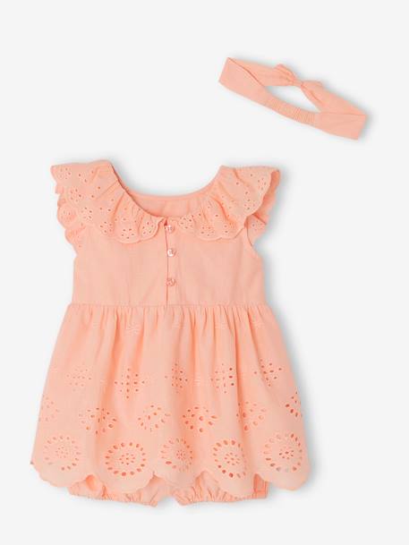 Festliches Mädchen Baby-Set: Kleid, Spielhose & Haarband - koralle+wollweiß - 2