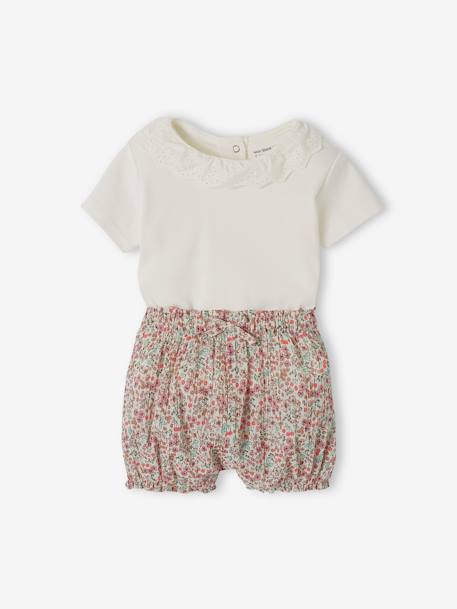 Baby-Set: T-Shirt mit Kragen & geblümte Shorts, personalisierbar wollweiß 3