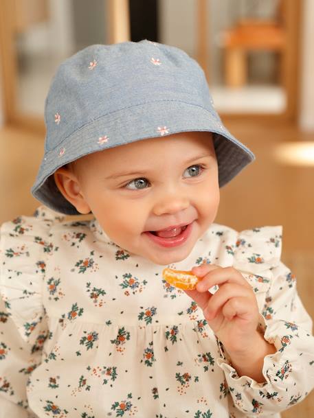 Mädchen Baby Sonnenhut mit Blumenstickereien jeansblau 4