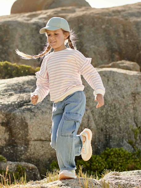 Mädchen Ringel-Sweatshirt, Volantärmel Oeko-Tex altrosa+aqua+jeansblau+lila+rosa gestreift 16