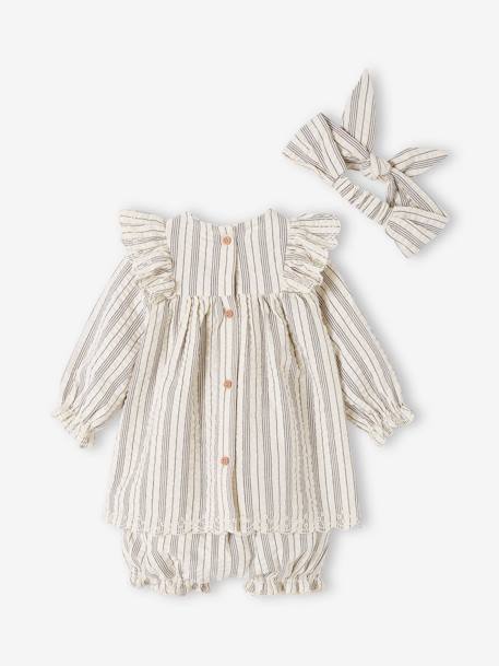 Mädchen Baby-Set: Kleid, Shorts & Haarband - beige gestreift - 6