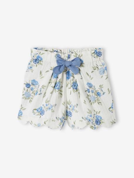 Mädchen Shorts mit Bogenkante, Musselin - blau+blau bedruckt+rosa nude - 4