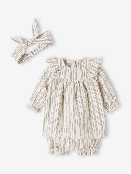 Mädchen Baby-Set: Kleid, Shorts & Haarband - beige gestreift - 2