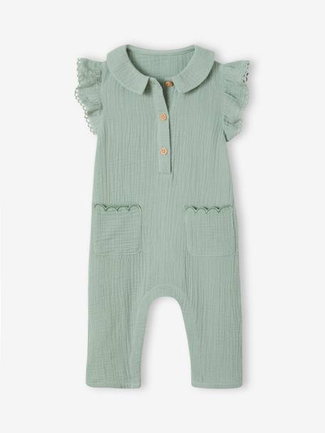 Mädchen Baby Overall, Schmetterlingsärmel mit Stickerei - salbeigrün+ziegel - 2