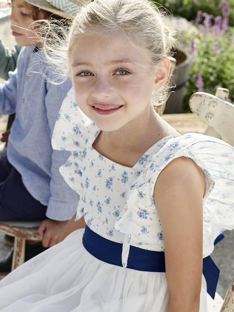 Festliches Mädchen Kleid mit Volants blau bedruckt+rosa bedruckt 7