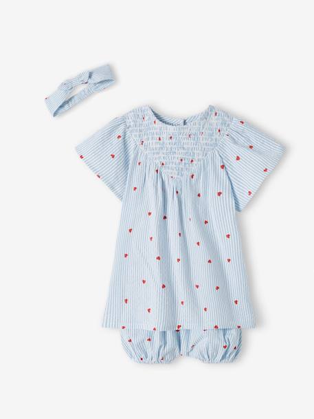 Baby-Set aus Seersucker: Kleid, Shorts & Haarband blau gestreift 3