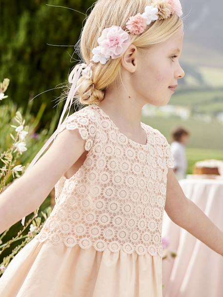 Festliches Mädchen Kleid mit Makrameespitze Oeko-Tex rosa nude+wollweiß 8