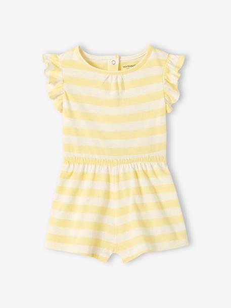 Kurzer Baby Overall BASICS Oeko-Tex - gelb gestreift+koralle - 1