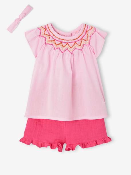 Mädchen Baby-Set: Bluse, Shorts & Haarband - rosa/fuchsia - 3