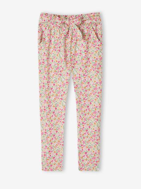 Mädchen 3/4-Hose aus fließendem Stoff, Blumenprint Oeko-Tex - grün+rosa+wollweiß - 8