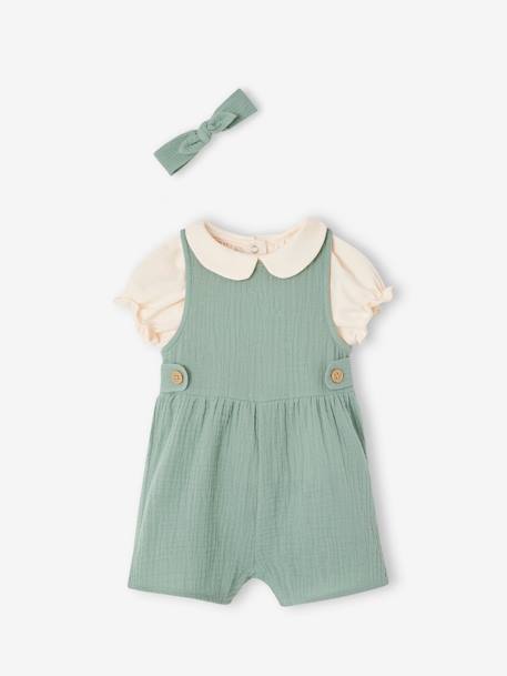 Mädchen Baby-Set: T-Shirt, Kurzoverall & Haarband, personalisierbar altrosa+salbeigrün 18