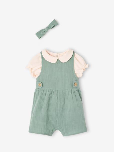 Mädchen Baby-Set: T-Shirt, Kurzoverall & Haarband, personalisierbar - altrosa+salbeigrün - 14