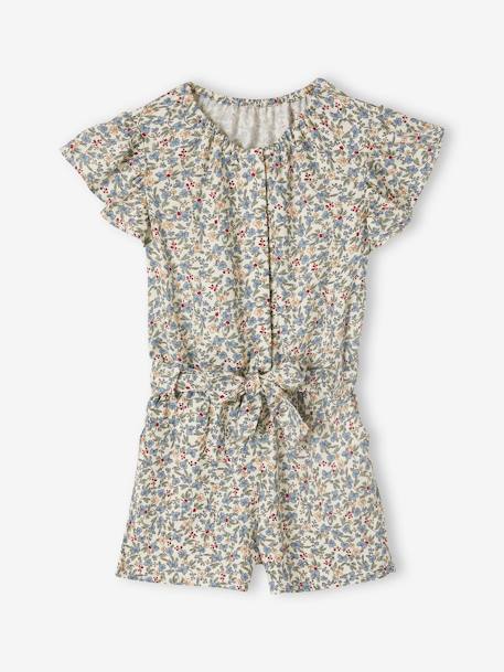 Kurzer Mädchen Jumpsuit Oeko-Tex - beige bedruckt/rosen+weiß bedruckt+wollweiß - 10