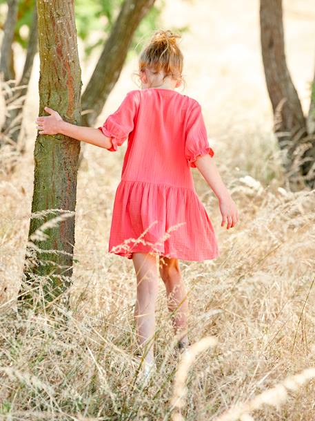 Mädchen Kleid mit Knopfleiste graublau+rot+wollweiß 12