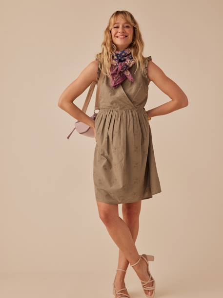 Kurzes Kleid für Schwangerschaft & Stillzeit ENVIE DE FRAISE, Lochstickereien khaki 1