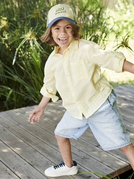 Jungen Hemd mit Streifen, Leinenlook - pastellgelb - 7