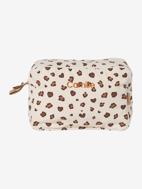 Kinder Waschbeutel, Kosmetiktasche Oeko-Tex, personalisierbar - hellbeige leoprint+wollweiß füchse+wollweiß herzen - 4