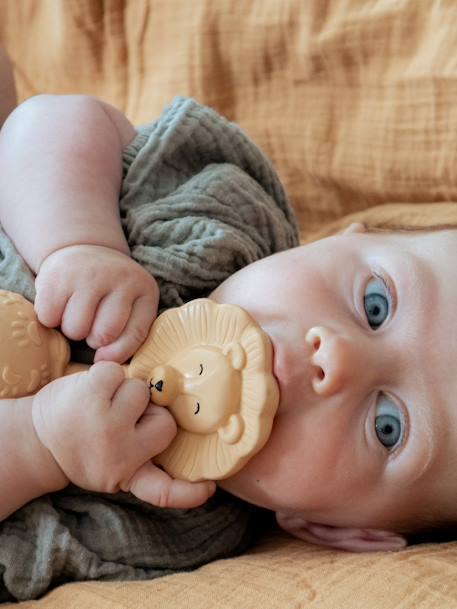 Baby Rassel mit Zahnungshilfe NATRUBA, Naturkautschuk beige löwe+gelb blume 2