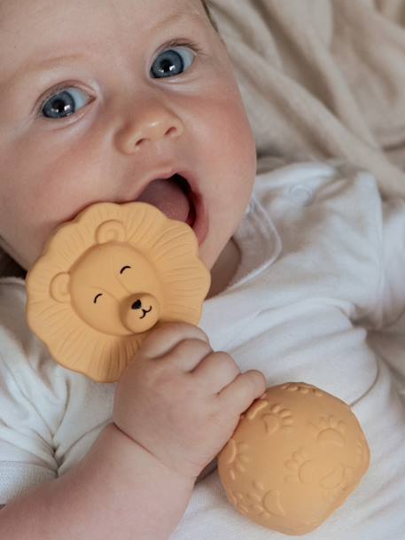 Baby Rassel mit Zahnungshilfe NATRUBA, Naturkautschuk beige löwe+gelb blume 1