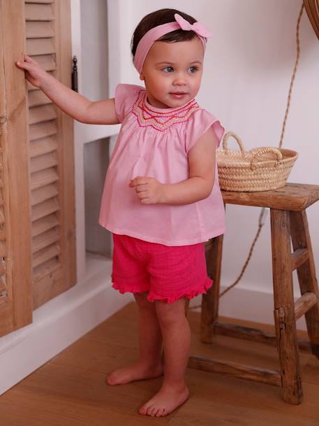 Mädchen Baby-Set: Bluse, Shorts & Haarband - rosa/fuchsia - 2