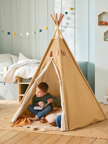 Kinder Spielzelt GERONIMO, wendbares Tipi mit Holzstangen, FSC® karamell/wollweiß+mehrfarbig 1