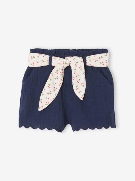 Baby Musselin-Shorts mit Blumengürtel - aprikose+marine+wollweiß - 4