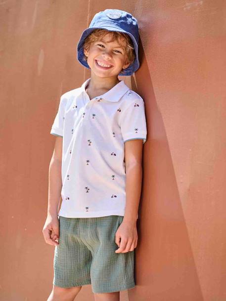 Jungen Poloshirt, Pikee Oeko-Tex blau bedruckt+wollweiß 12