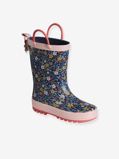 Kinder Gummistiefel mit Blumenmuster und Henkeln marine 1