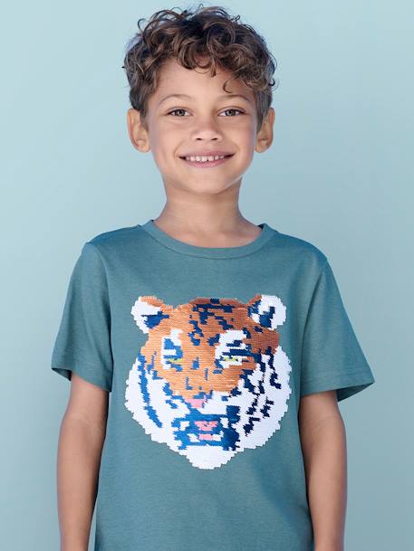 Jungen T-Shirt mit Wende-Pailletten Oeko-Tex - aqua+weiß - 1