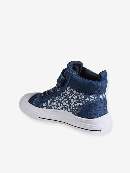 Warme Mädchen High-Sneakers in Jeans-Optik, Klettverschluss jeansblau geblümt 3