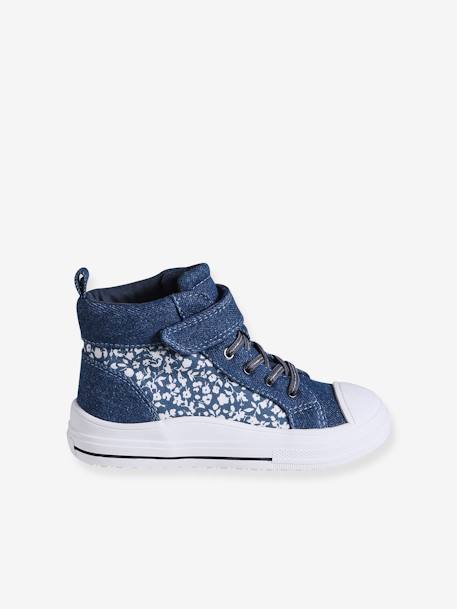 Warme Mädchen High-Sneakers in Jeans-Optik, Klettverschluss jeansblau geblümt 2