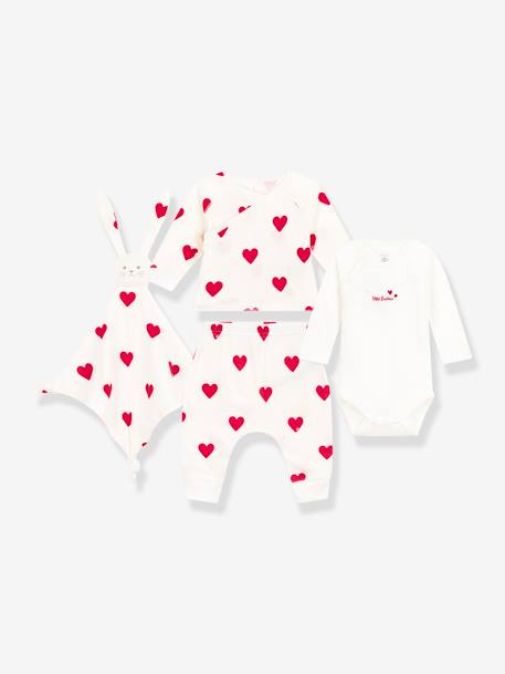 Baby-Set: Herz-Outfit für Neugeborene & Stoffhase PETIT BATEAU - weiß - 1