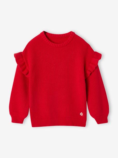 Mädchen Pullover Oeko-Tex rot+salbeigrün+wollweiß 1