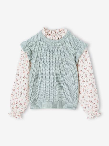 Mädchen 2-in-1-Pullover mit Ärmeln aus Musselin, Pullunder mit Bluse graugrün+vanille 1