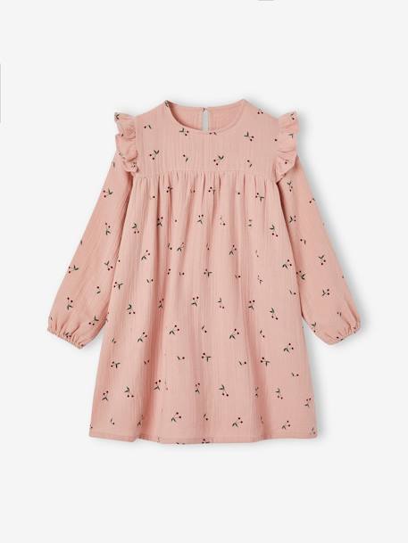 Mädchen Kleid mit Volants, Musselin pudrig rosa+tannengrün 1