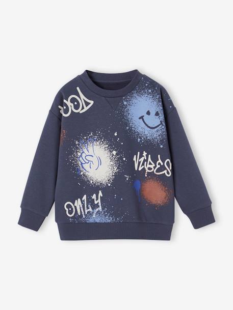 Jungen Rundhals-Sweatshirt mit Graffiti-Print, Recycling-Polyester grau meliert+nachtblau 4