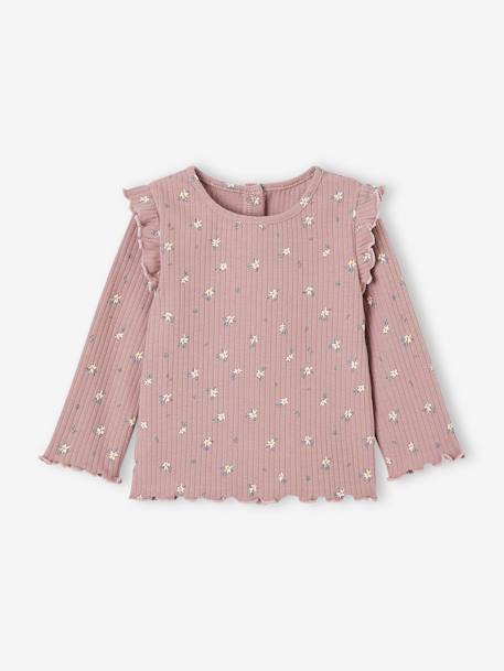 Geripptes Mädchen Baby Shirt mit Volantärmeln, Bio-Baumwolle malve+wollweiß 1