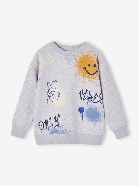 Jungen Rundhals-Sweatshirt mit Graffiti-Print, Recycling-Polyester grau meliert+nachtblau 1