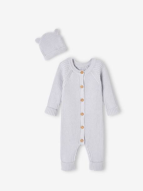 Baby-Set: gerippter Strickoverall & Mütze mit Ohren hellblau 3