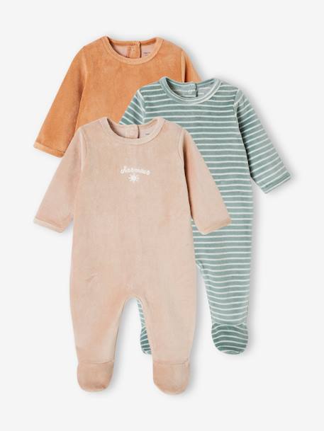 3er-Pack Baby Samt-Strampler BASIC Oeko-Tex camel+cappuccino+pudrig rosa 1