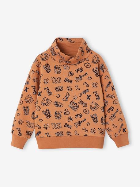 Jungen Sweatshirt mit Schalkragen und Print, Recycling-Polyester nachtblau+pekannuss 4