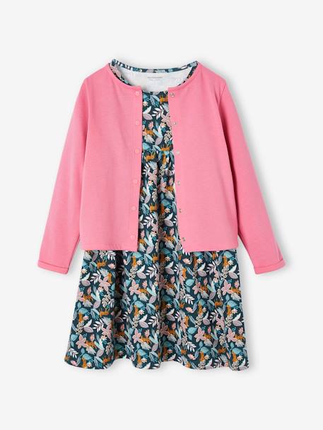 Mädchen-Set: Sweatjacke & Blumenkleid Oeko Tex rosa+senfgelb+smaragdgrün 1