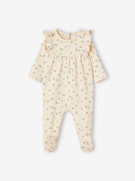 Baby Strampler mit Rüschen & Blumen, Öffnung hinten Oeko-Tex wollweiß 1