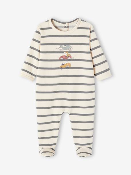 Jungen Baby Strampler mit Streifen und Autos Oeko-Tex wollweiß 1